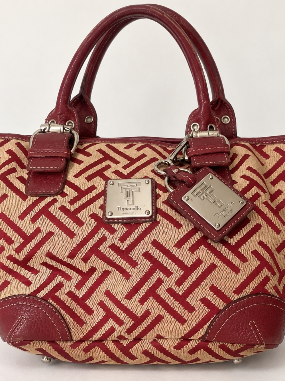 Tignanello Red & Tan Patterned Satchel with Leather Trim
